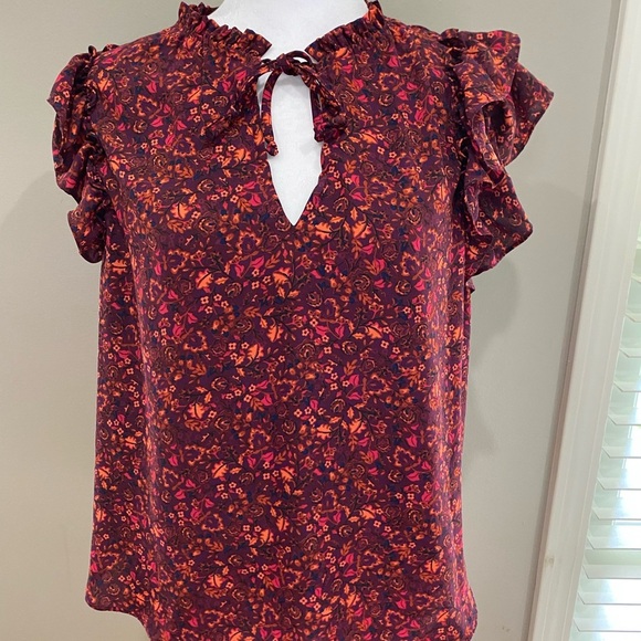 Floral Ruffle Sleeve Top - Red and Pink - Picture 1 of 2